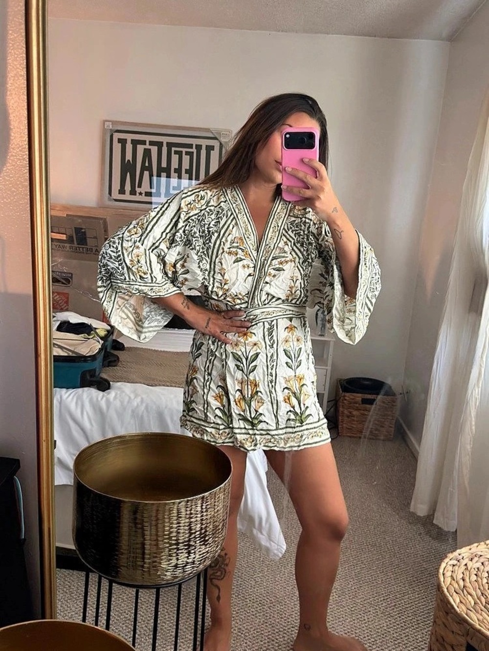 Farm Rio Floral Mini Dress in White & Green